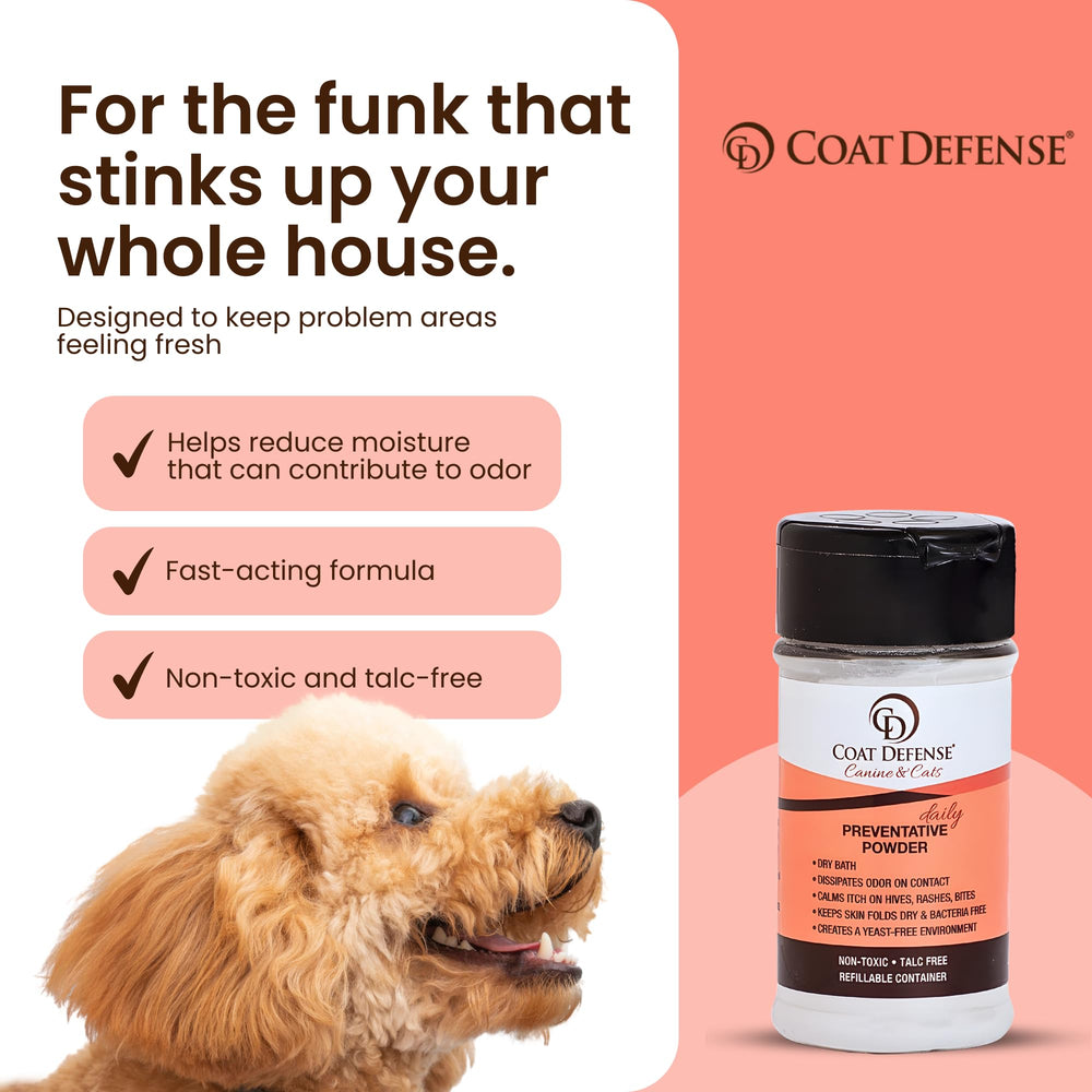 COAT DEFENSE helps reduce yeast and moisture odors on the coat.