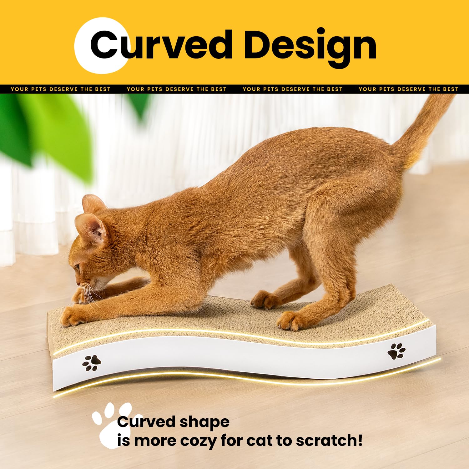 Coching Cat Scratcher durable corrugated cardboard withstands sharp claws.