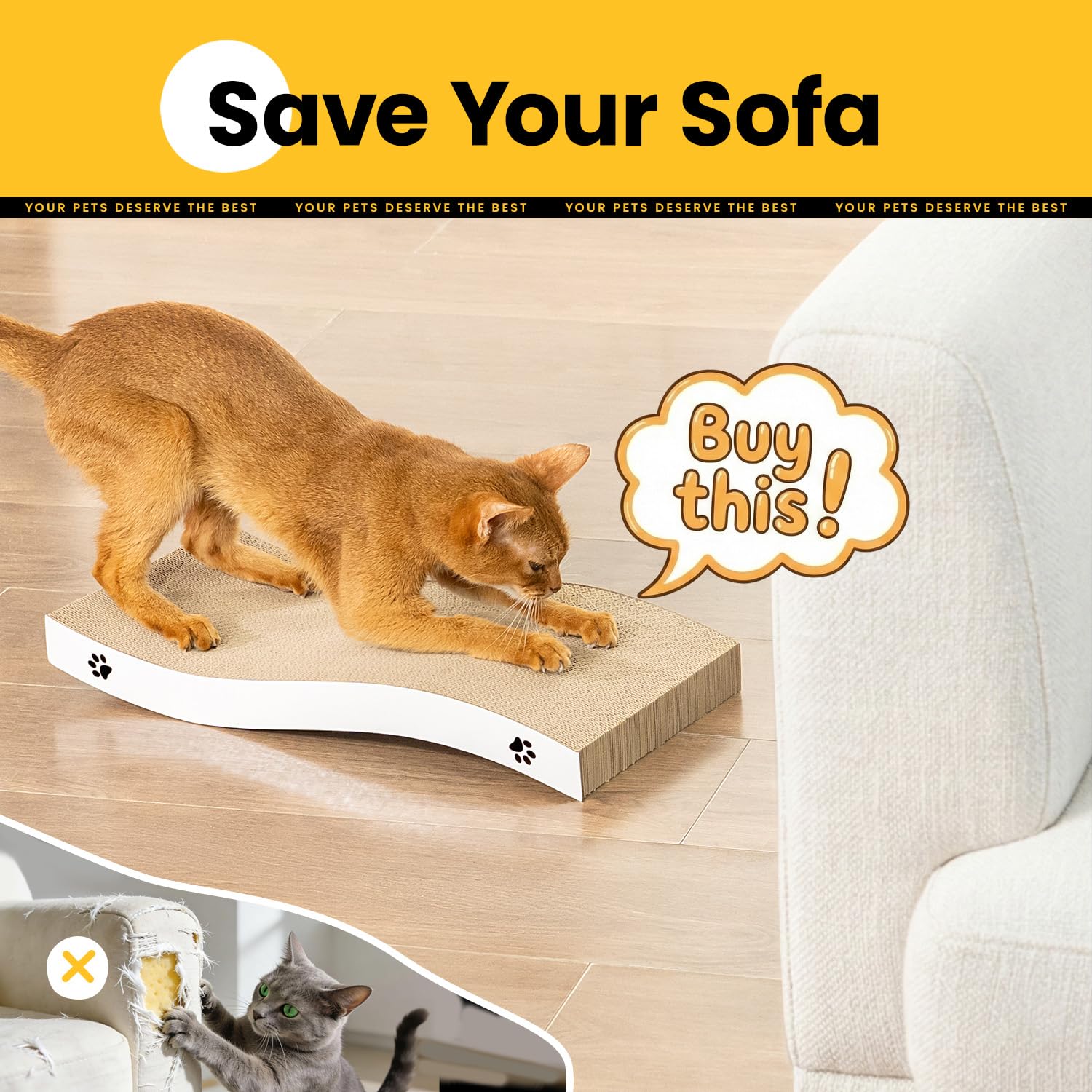 Coching catnip-included scratcher entices play and scratching sessions.