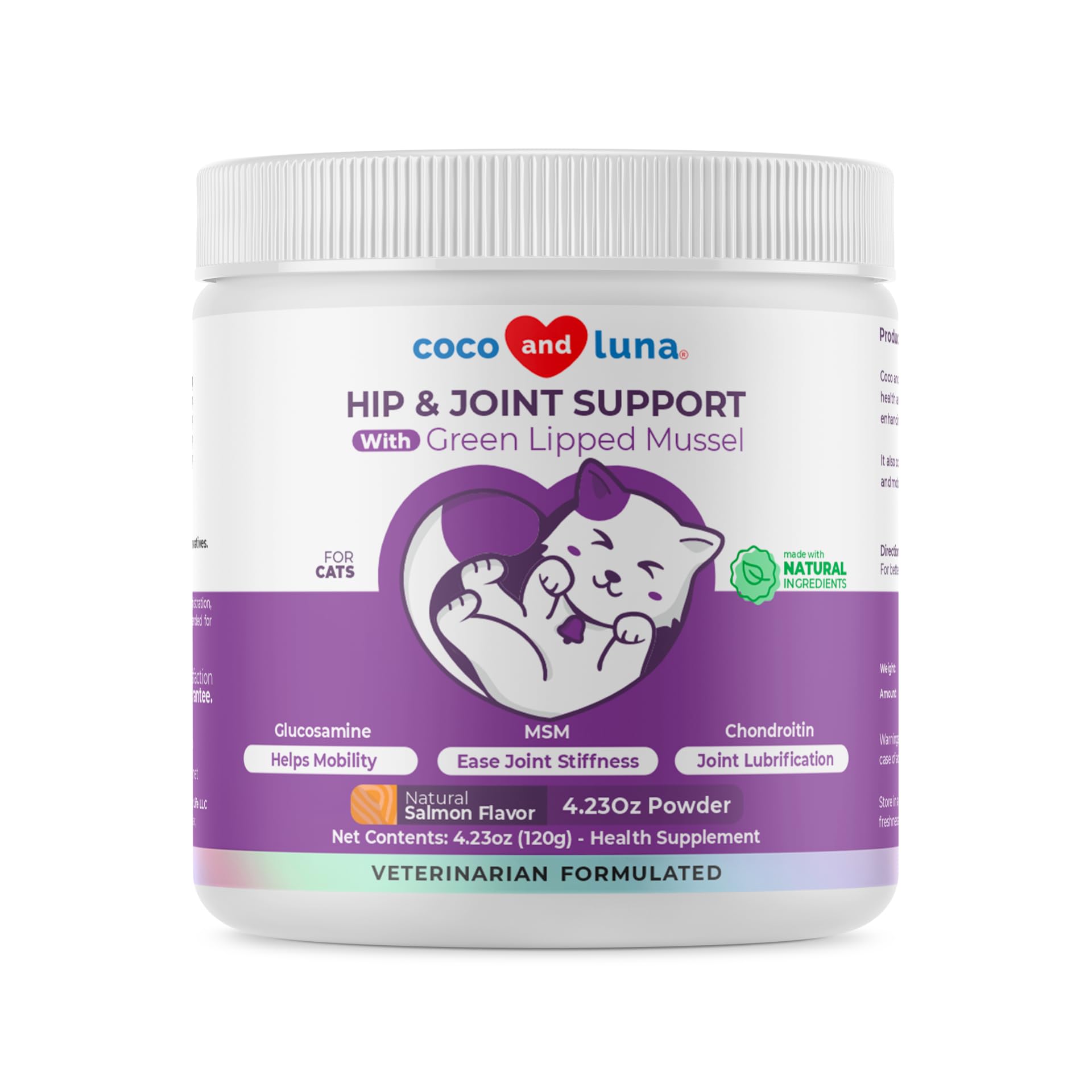 Coco and Luna hip joint supplement bottle supports feline mobility.