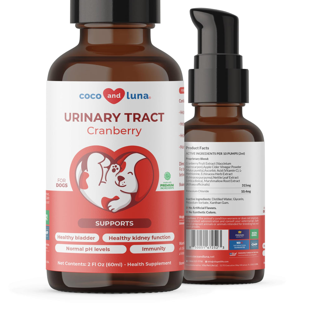 Coco and Luna Cranberry dog liquid bottle for convenient daily urinary support