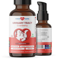 Coco and Luna Cranberry dog liquid bottle for convenient daily urinary support