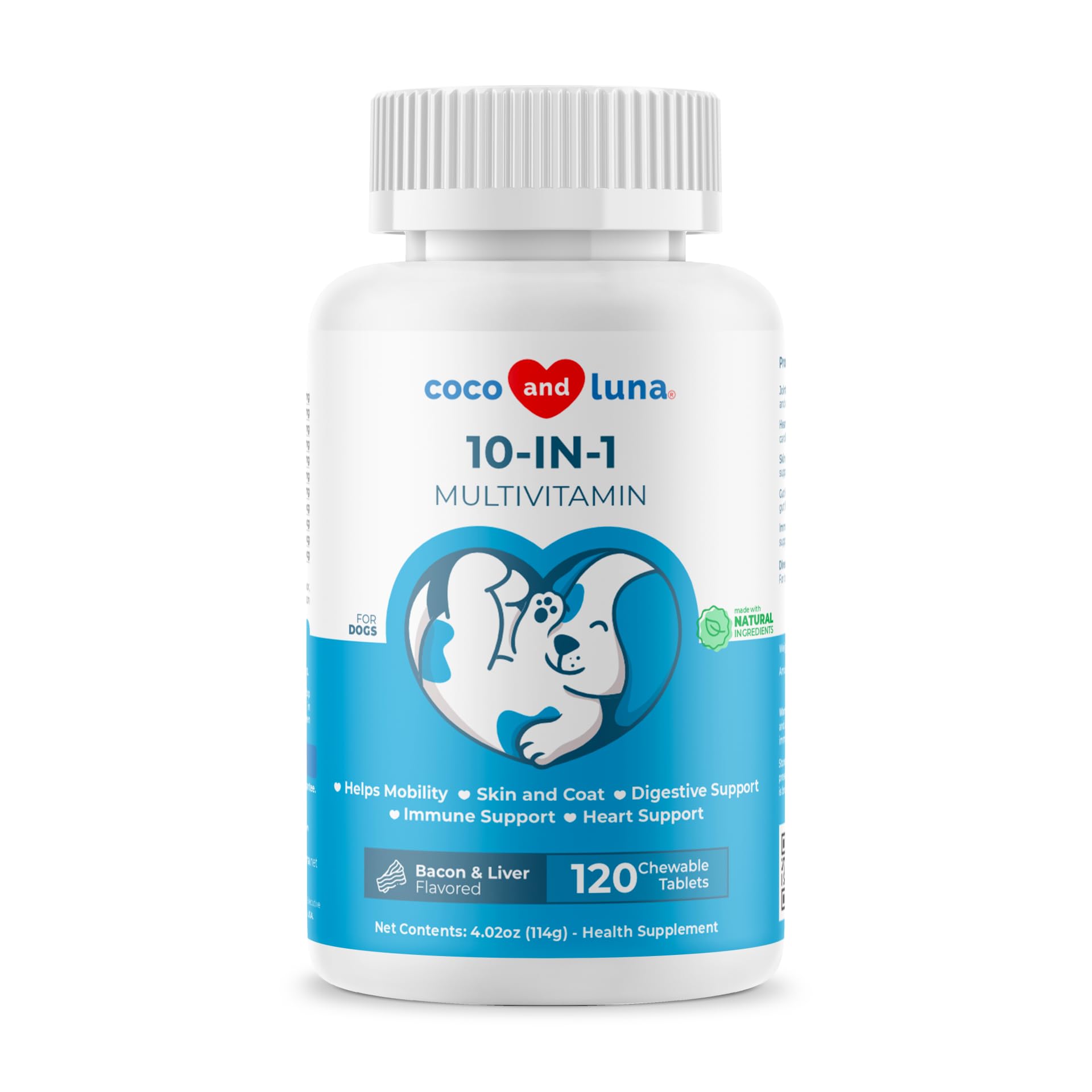 Coco and Luna dog multivitamin bottle packaging highlights overall wellness.