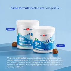Coco and Luna packaging highlights a 10-in-1 formula for canine health.
