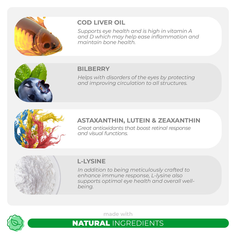 Coco and Luna Eye Health bottle label highlights cod liver oil and antioxidants.