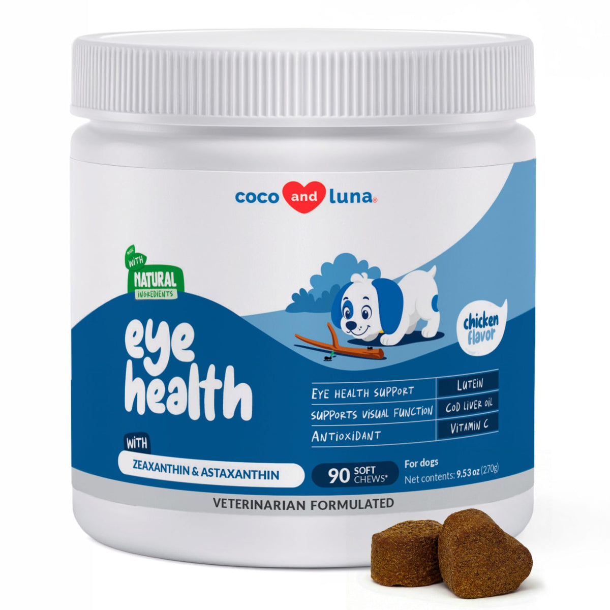 Coco and Luna eye health bottle showing the omega-rich formula for dogs