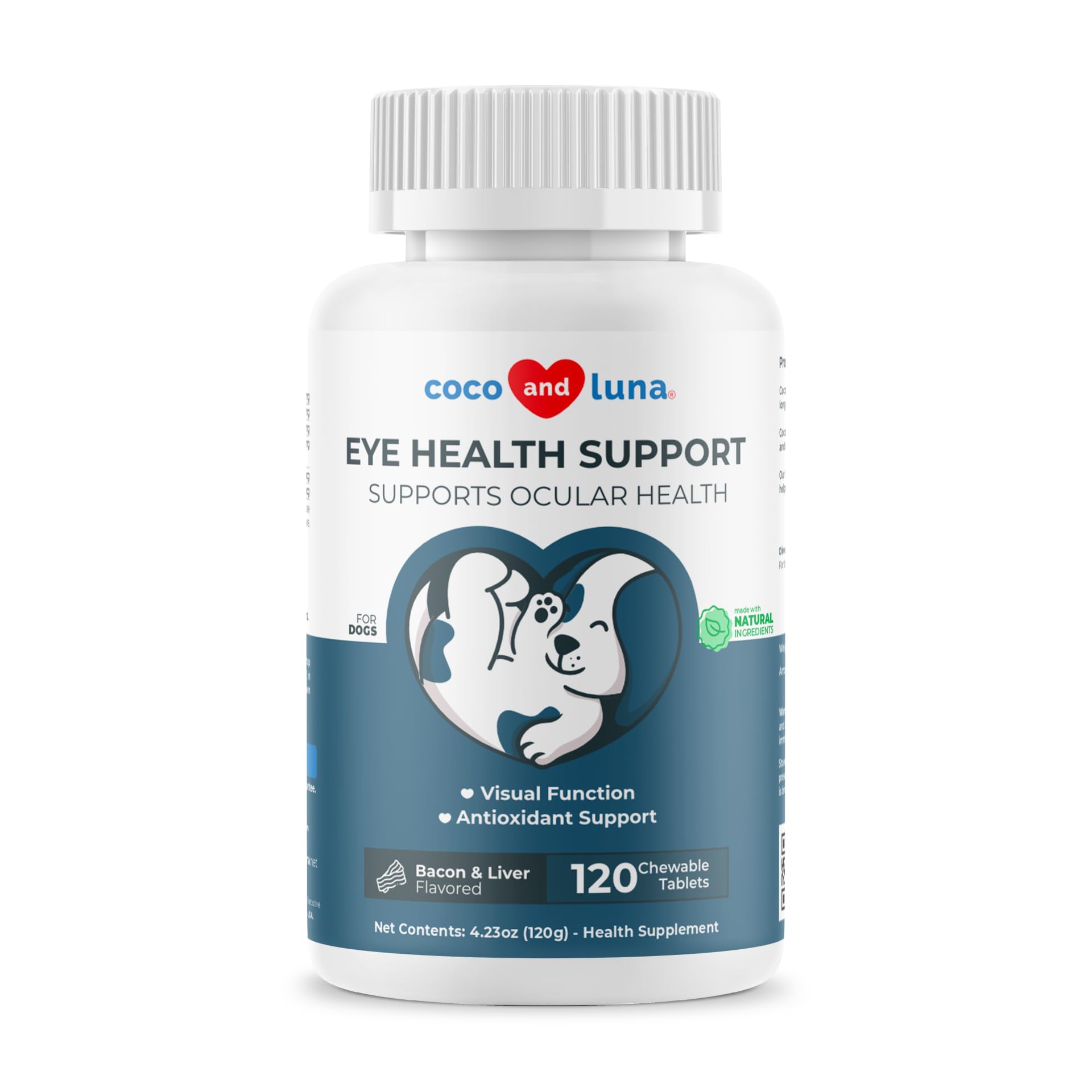 Coco and Luna Eye Health dog chews bottle for daily eye support.