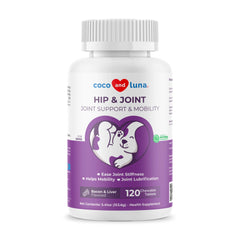 Coco and Luna hip joint dog supplement bottle for mobility support