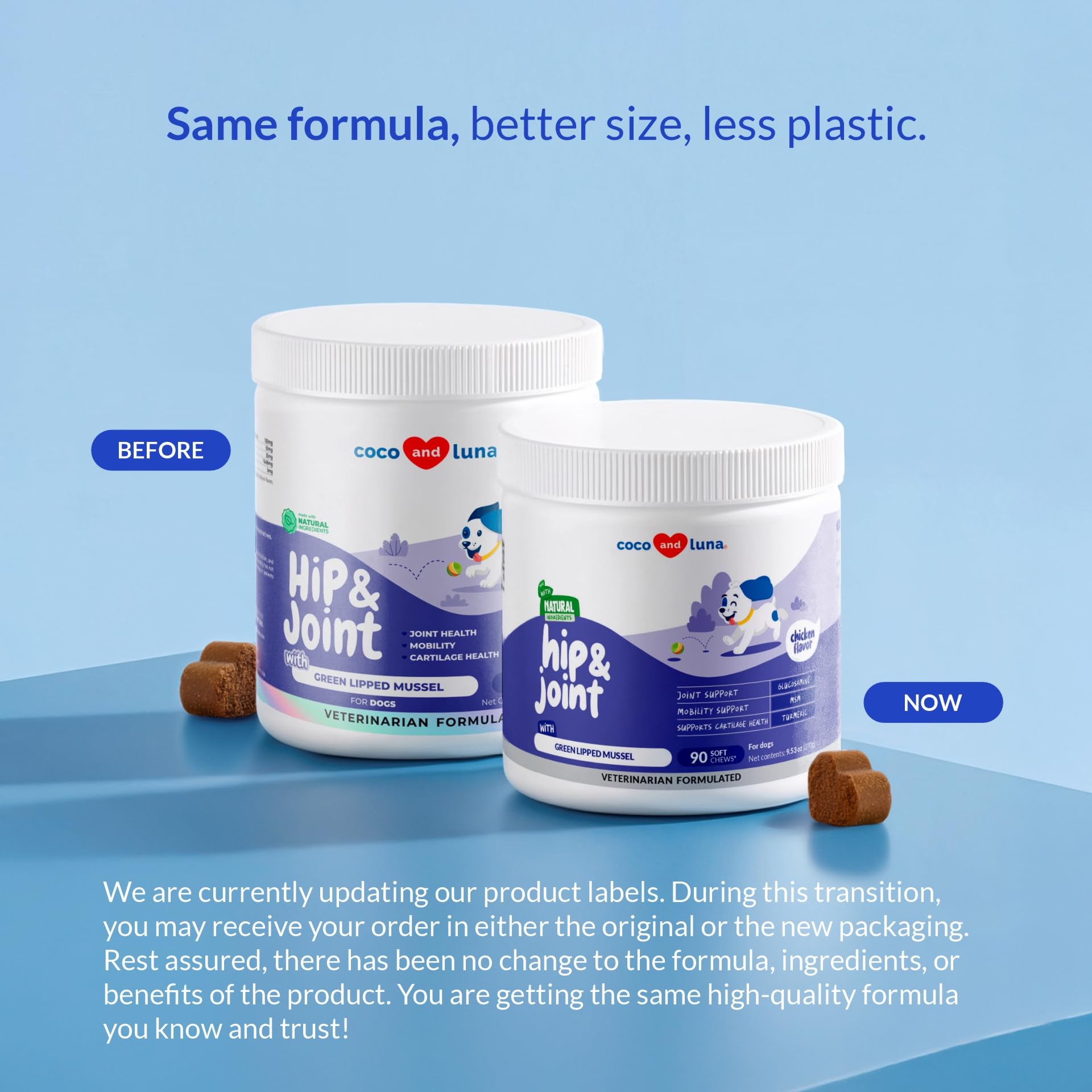 Coco and Luna label closeup highlighting natural ingredients for joint care.
