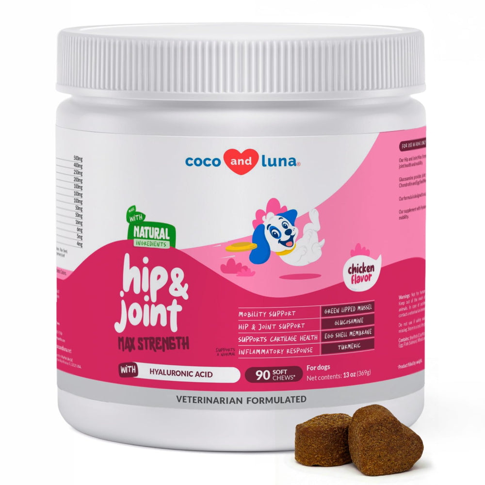 Coco and Luna hip joint supplement bottle for daily mobility support.