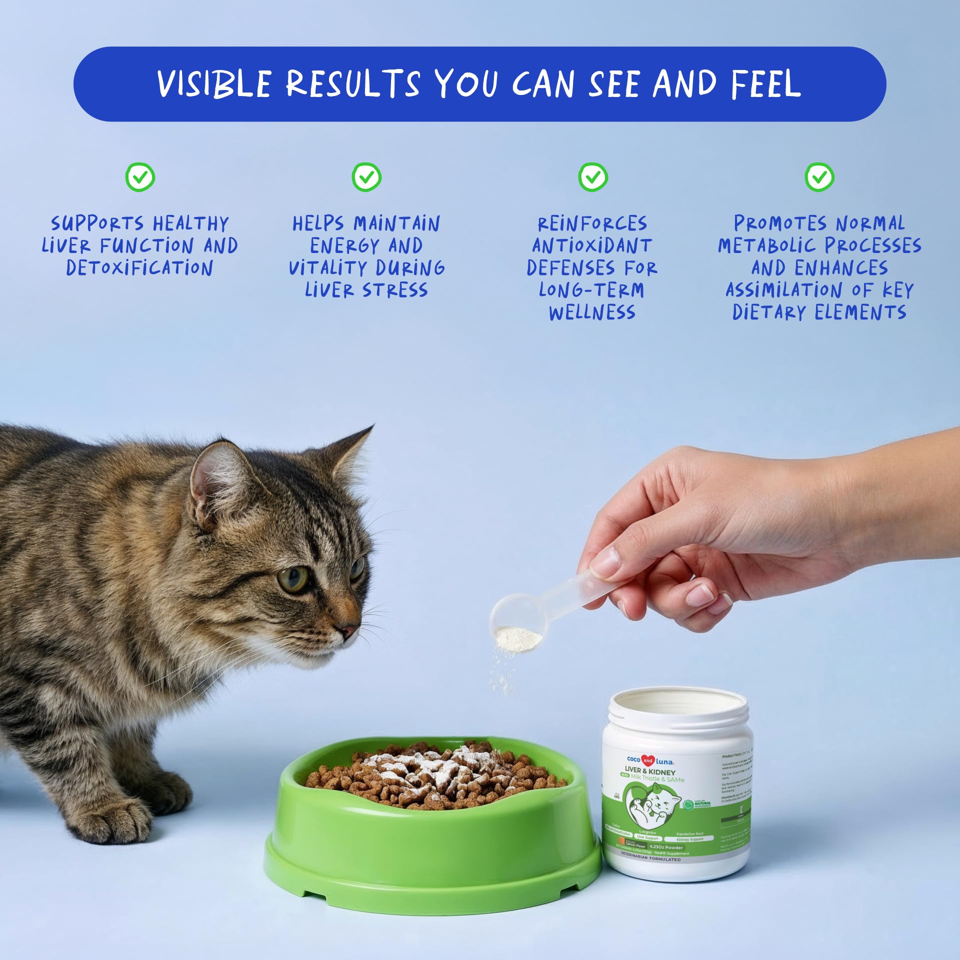 Coco and Luna Milk Thistle Cats measuring scoop shows precise dosing