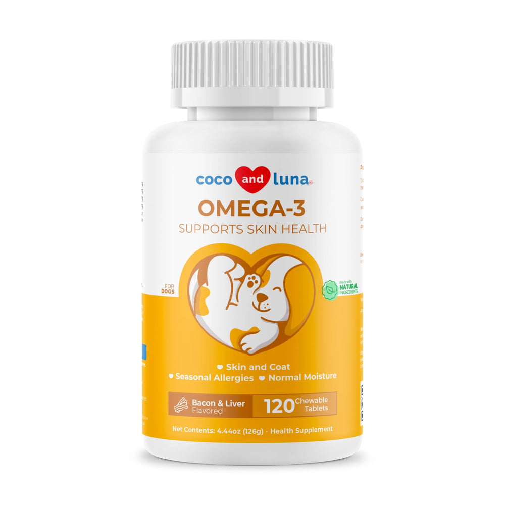 Coco and Luna Omega3 for dogs bottle promotes skin health and coat vitality.