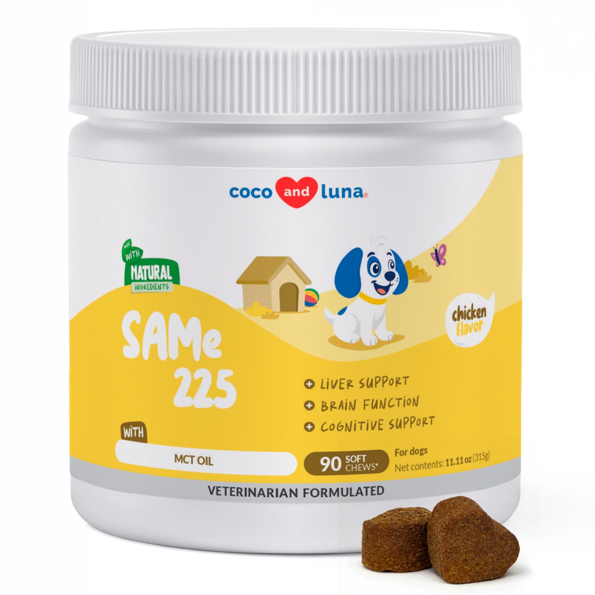 Coco and Luna Same Dogs soft chews bottle close-up showing brain and liver support.