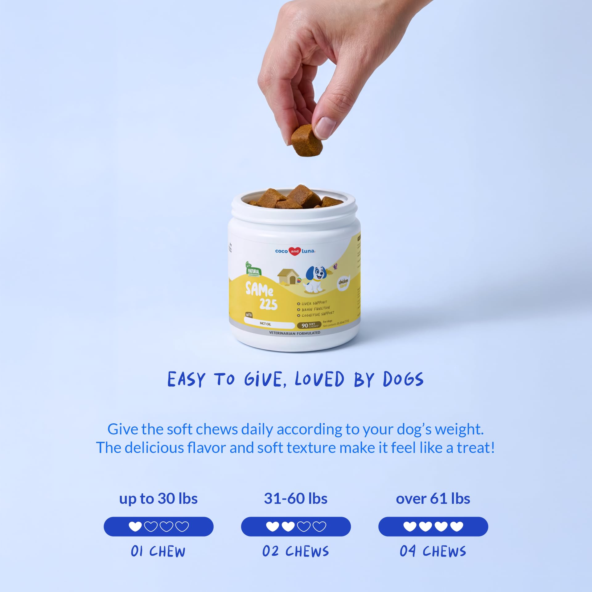 Coco and Luna soft chews packaging emphasizes antioxidant support for dogs.