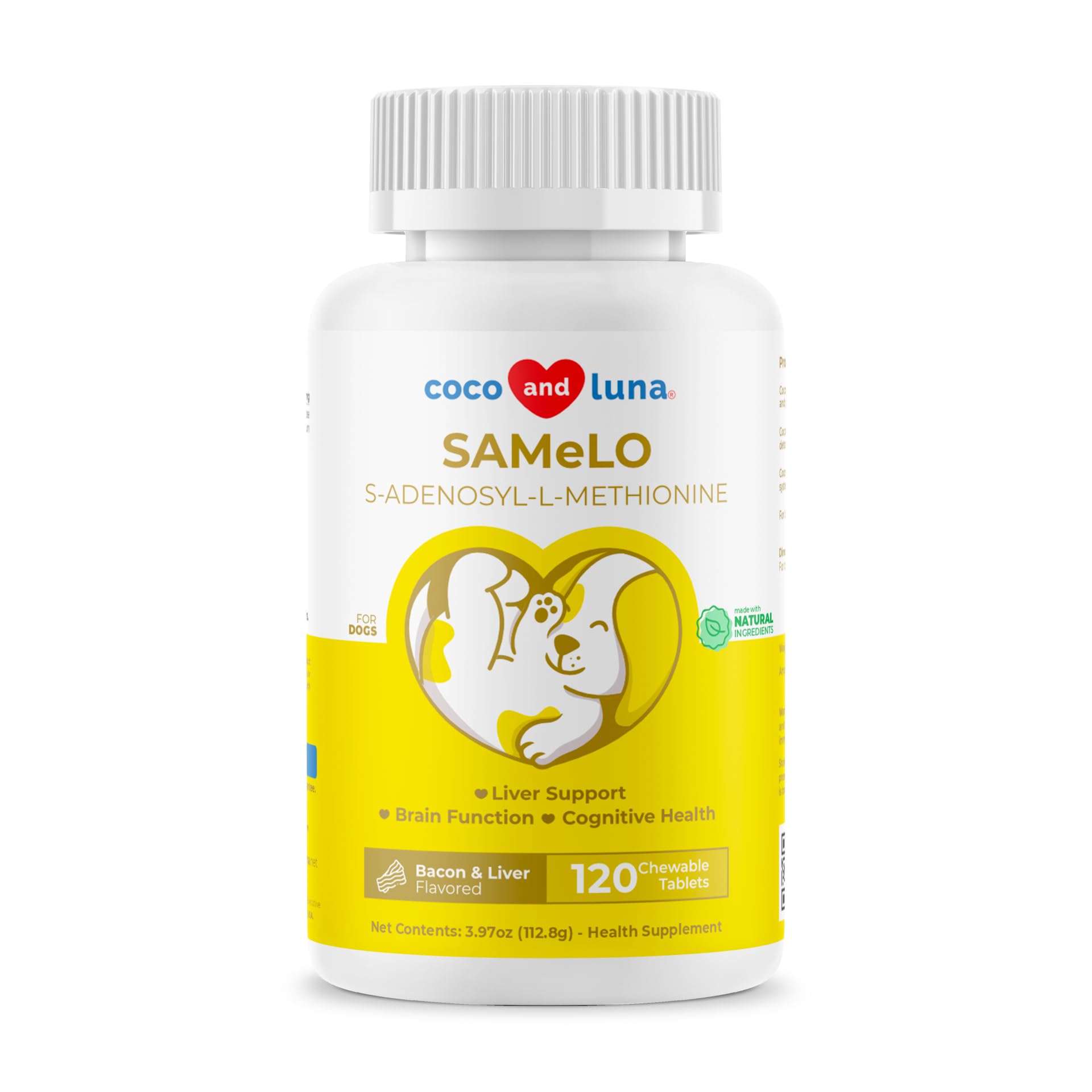 Coco and Luna Same for Dogs bottle front shows liver and brain support.