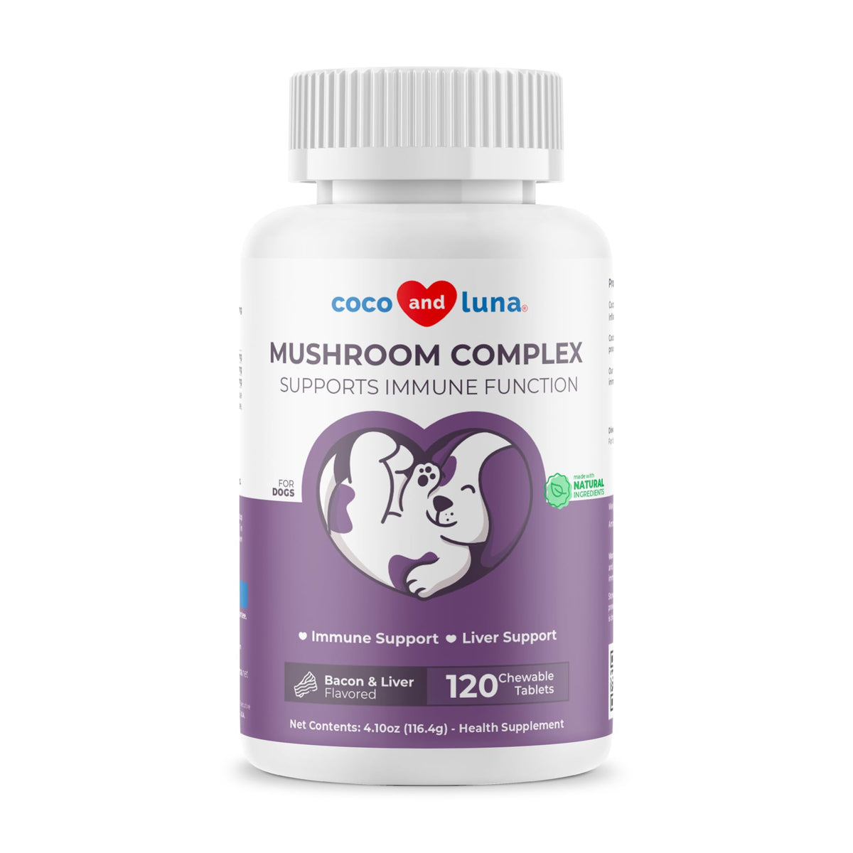Coco and Luna Turkey Tail dog supplement bottle highlights immune support.