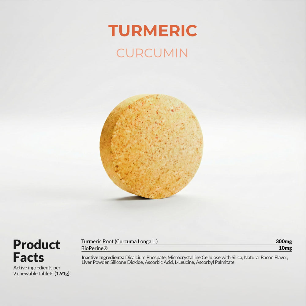 Daily-use Coco and Luna turmeric tablets for dog wellness.