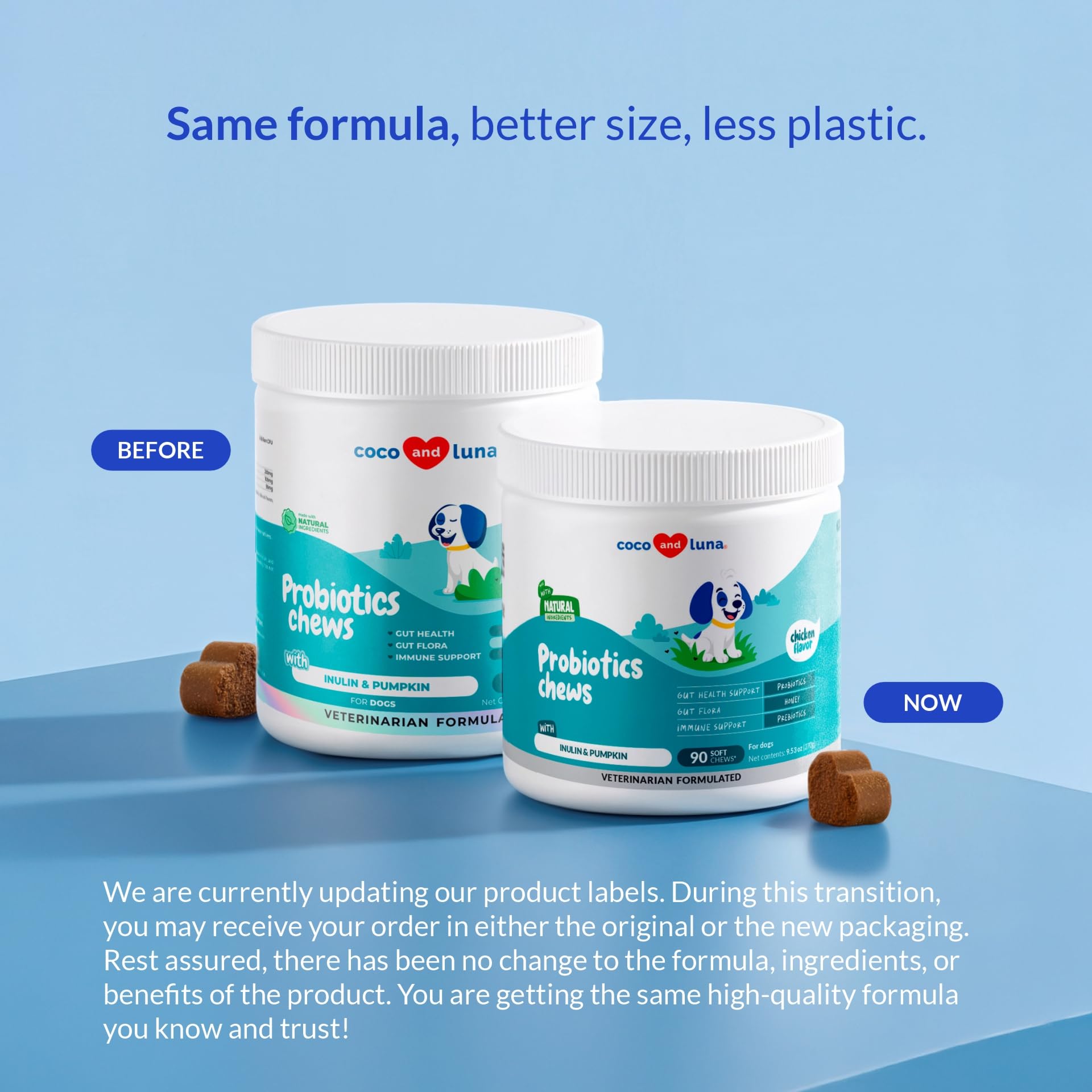 Coco and Luna Probiotics for Dogs chews close-up showcase tasty, easy-to-administer daily support.