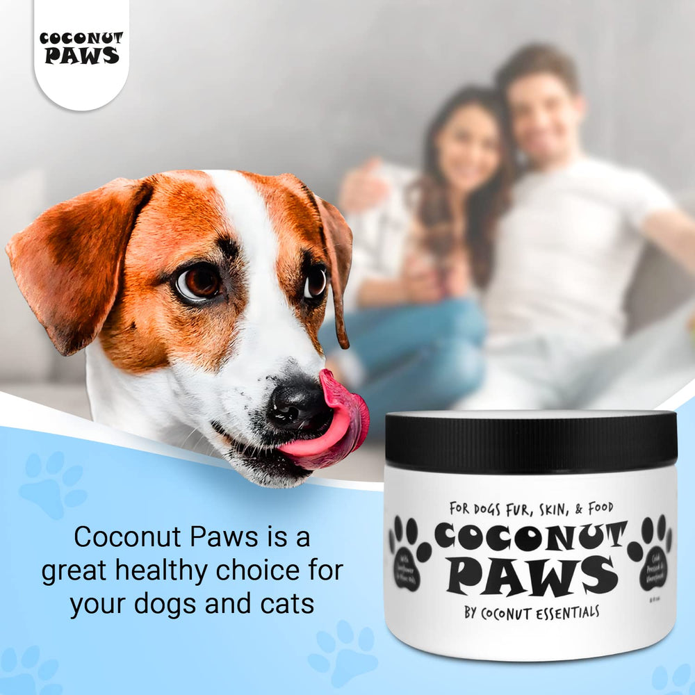 Coconut Essentials Coconut Paws bottle with drop, indicating gentle skin care for dogs.