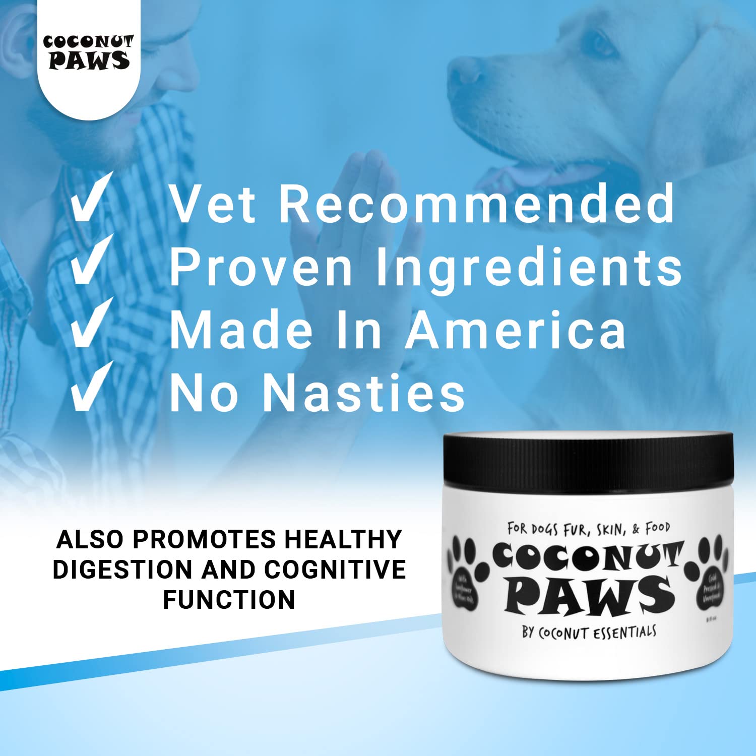 Coconut Essentials Coconut Paws product being applied to a dog's coat for conditioning.