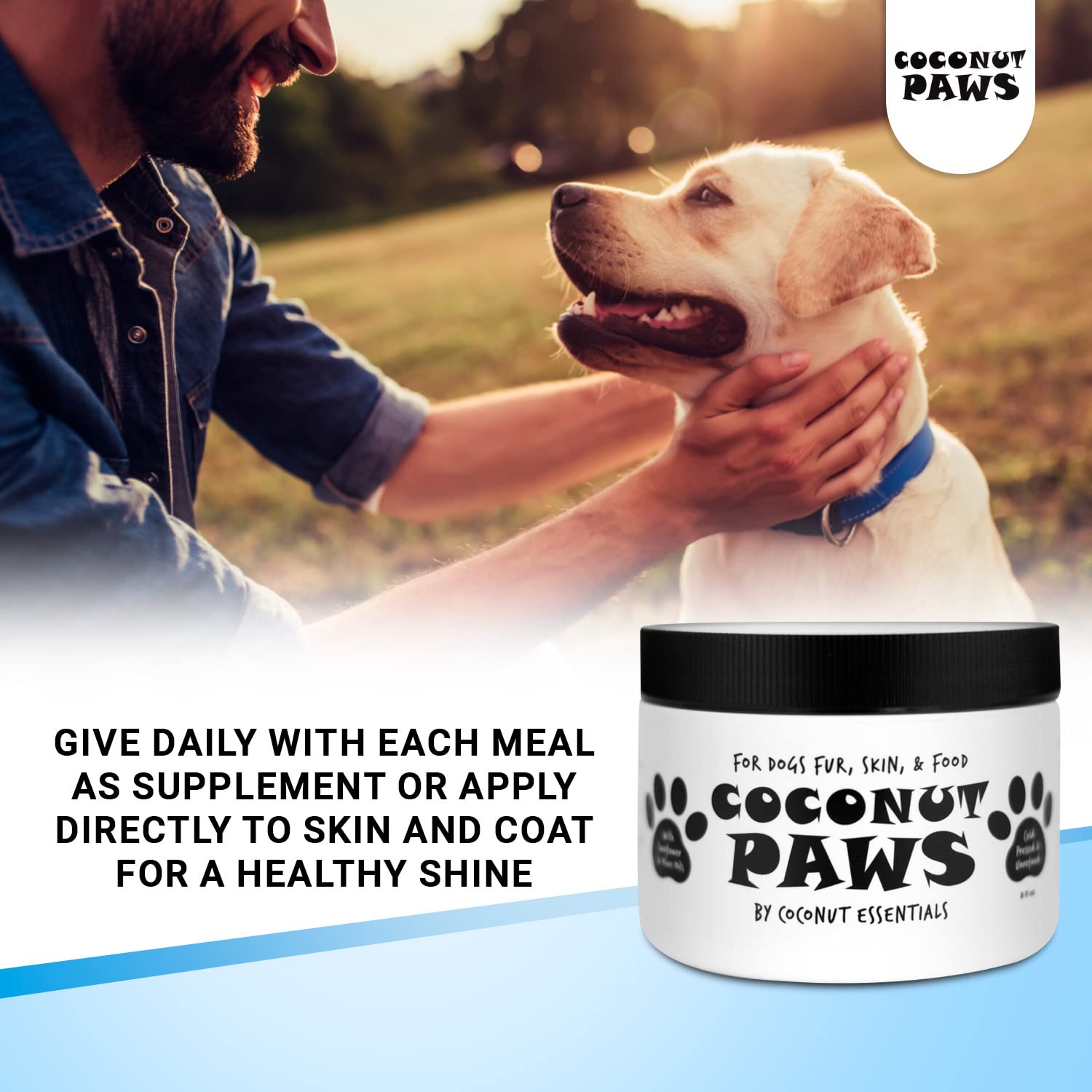 Coconut Essentials Coconut Paws coat shine close-up suggests healthier fur.