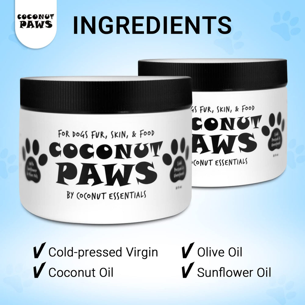 Coconut Essentials Coconut Paws bottle on grooming table ready for use.