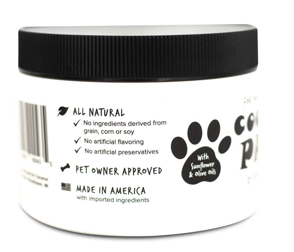 Coconut Essentials Coconut Paws oil droplets on fur demonstrate coat nourishment.