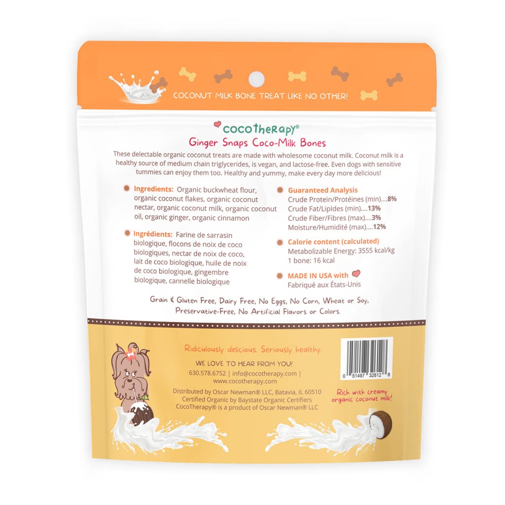CocoTherapy Coco-Milk Bones Ginger Snaps on shelf appealing to mindful owners