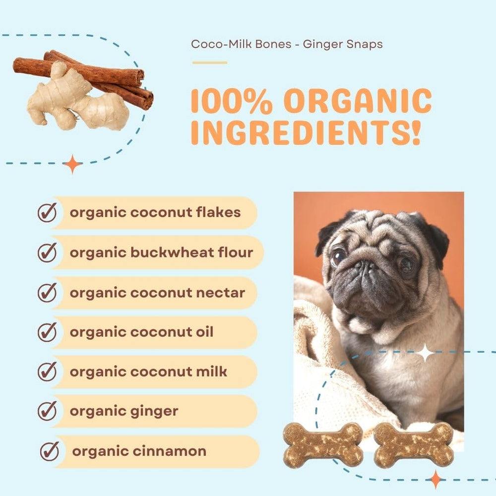CocoTherapy Coco-Milk Bones Ginger Snaps ingredients panel features organic coconut milk