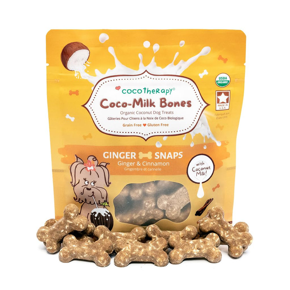 CocoTherapy Coco-Milk Bones Ginger Snaps pack shows grain-free dog treats