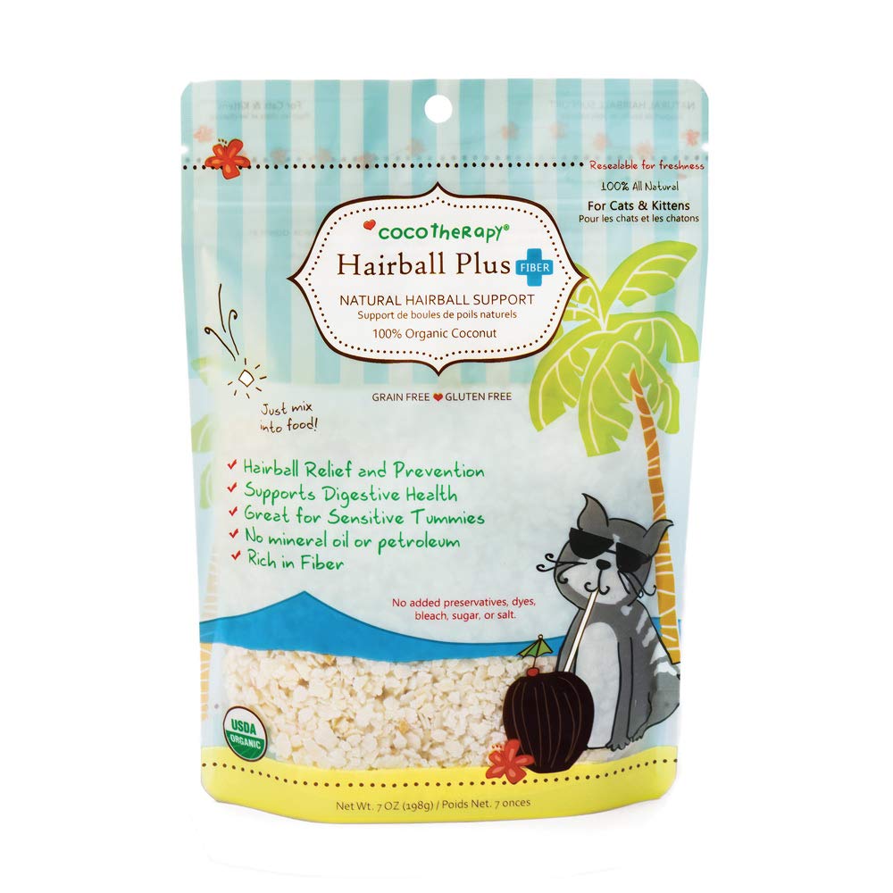 CocoTherapy Hairball Plus Fiber pouch front view for organic vegan cat supplement.