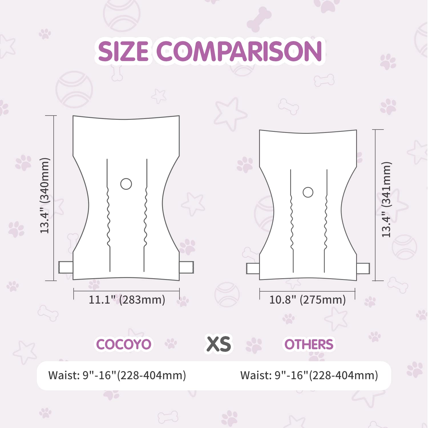 COCOYO diapers with adjustable fasteners provide a secure, fur-friendly fit.