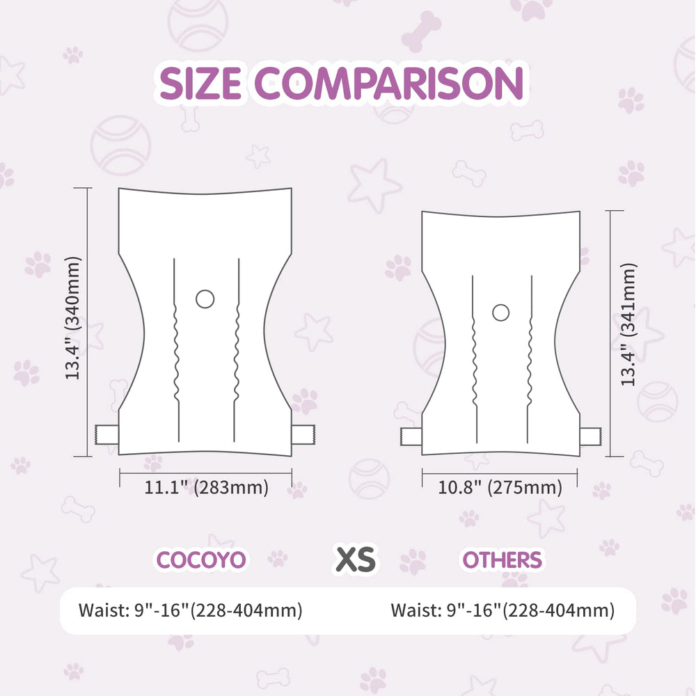 COCOYO diapers with adjustable fasteners provide a secure, fur-friendly fit.