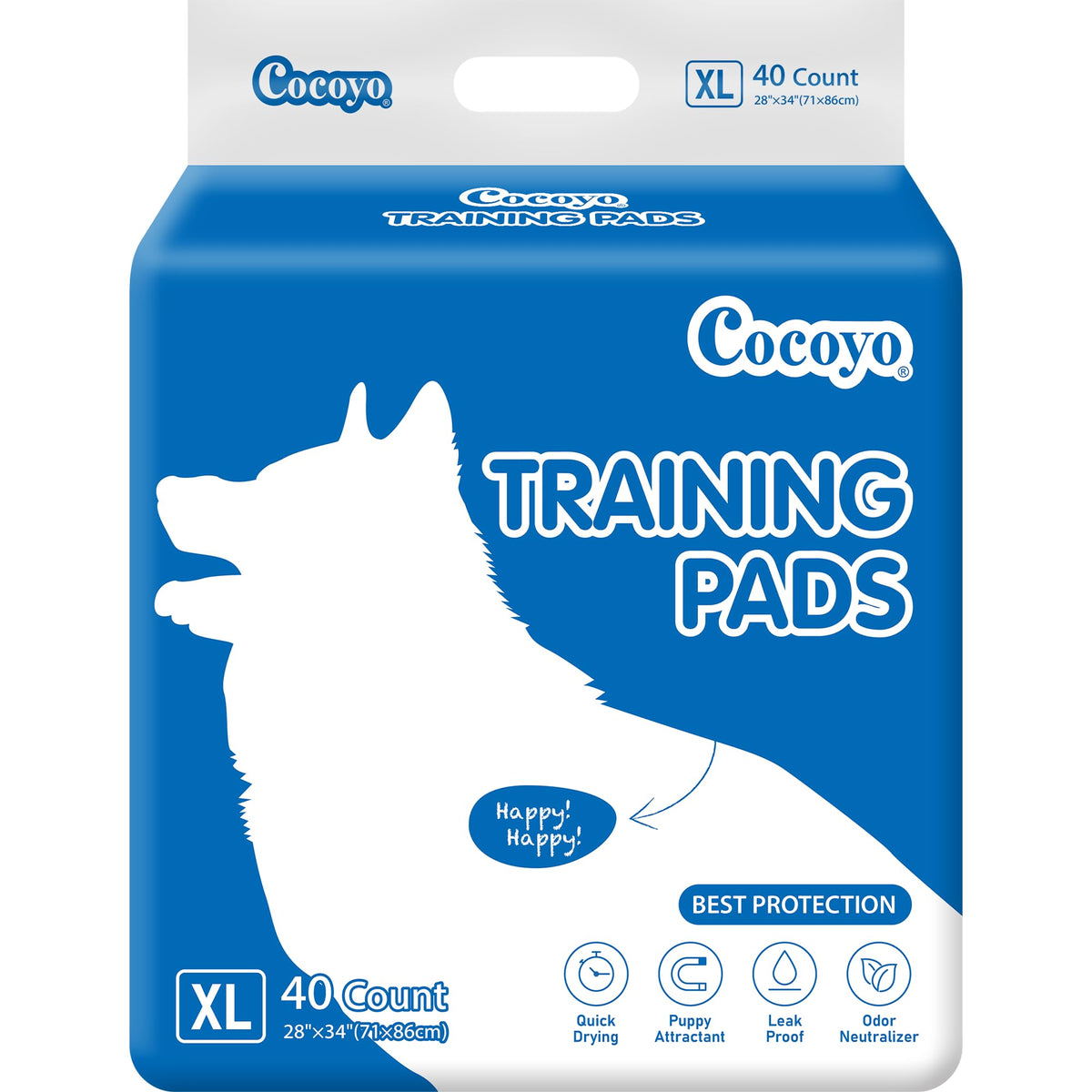 COCOYO Best Value Training Pads 40-count pack shows large 28 by 34 inch surface