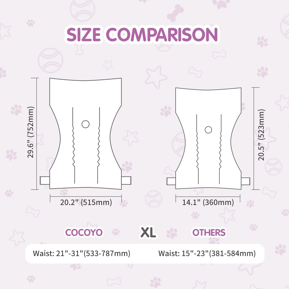 COCOYO diapers feature adjustable fasteners for a secure fur-safe fit.