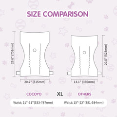 COCOYO diapers feature adjustable fasteners for a secure fur-safe fit.