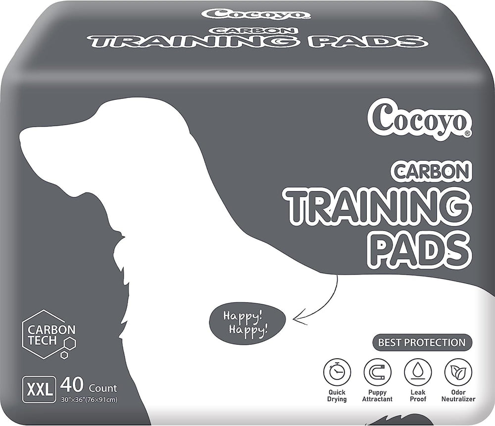COCOYO dog training pads XXL activated-carbon surface hides stains and controls odor.