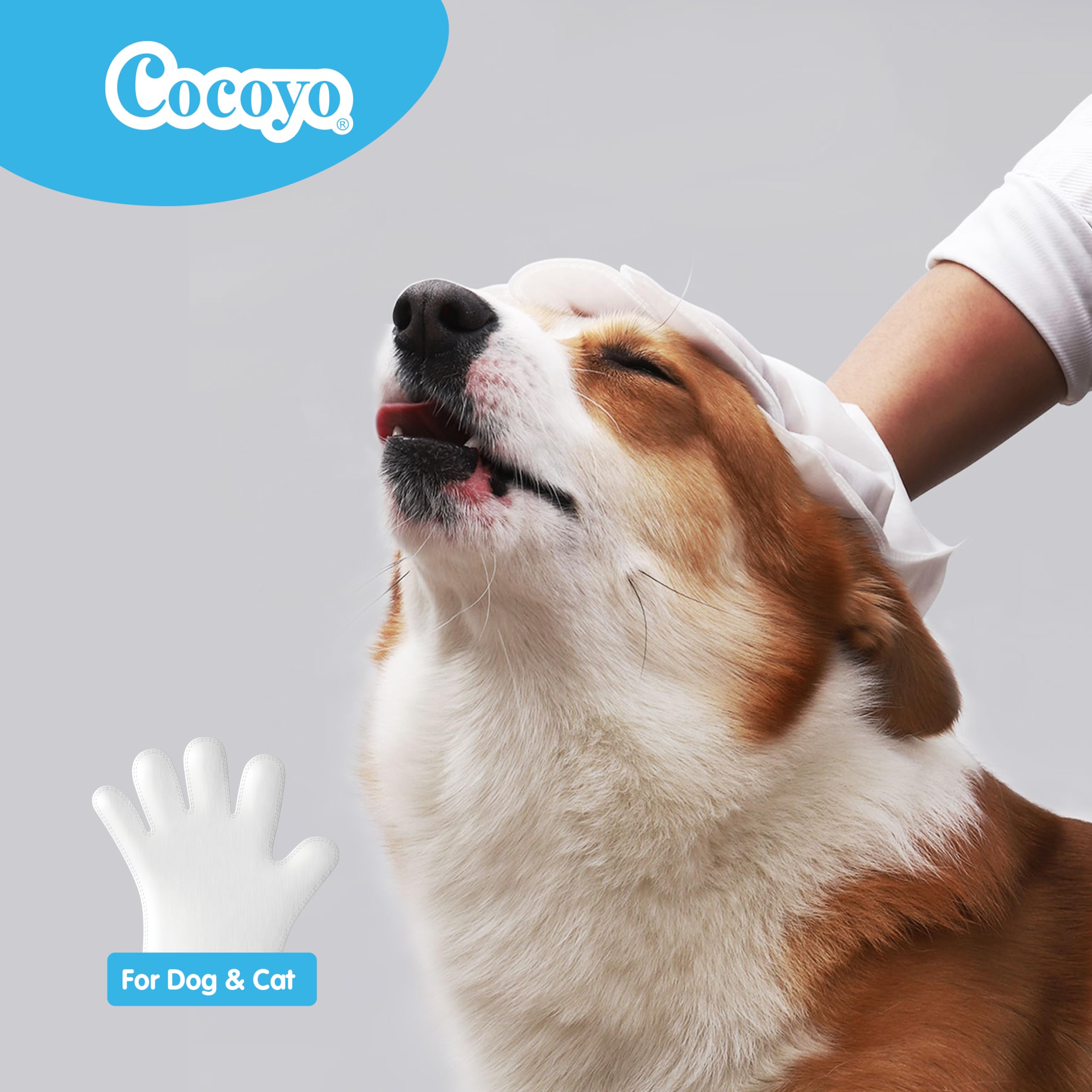COCOYO glove wipe close-up cleaning pet fur with gentle cleansing.