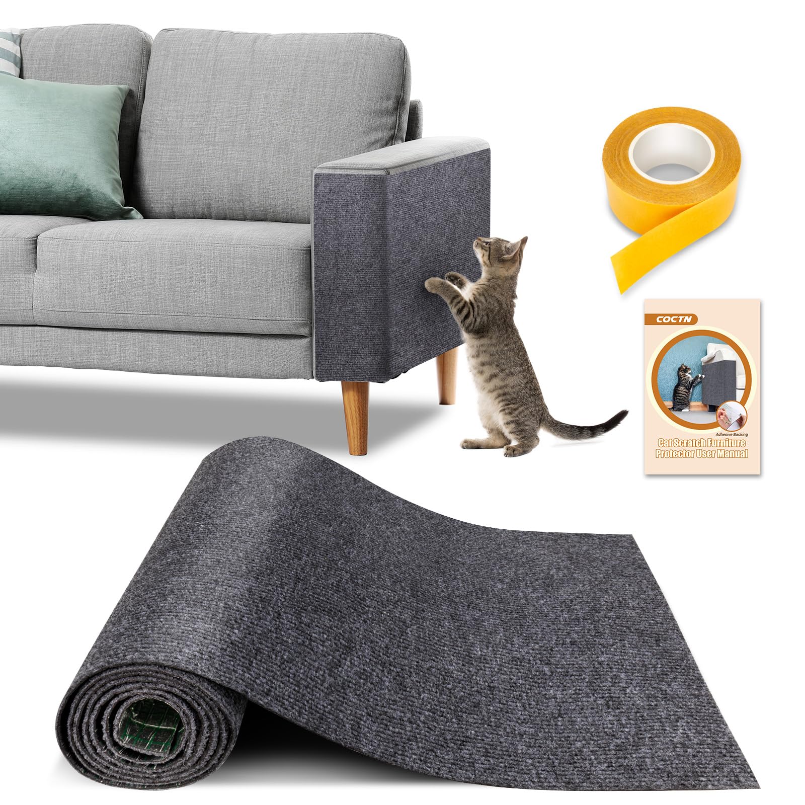 COCTN Cat Scratch Couch Protector on a gray sofa showing anti-scratch coverage.