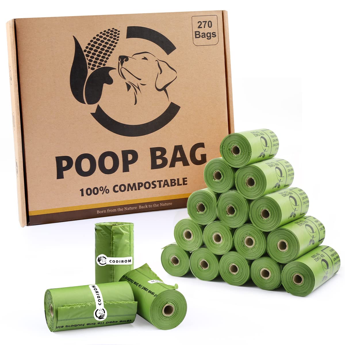 Codirom certified compostable dog poop bags packaging demonstrates eco-friendly packaging.