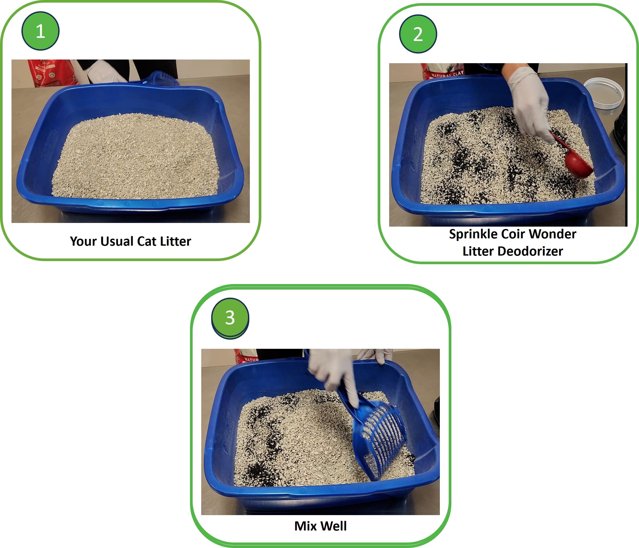 Coir Wonder being sprinkled over fresh litter illustrating easy application.