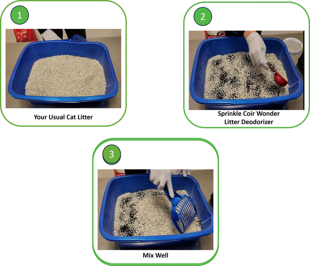 Coir Wonder being sprinkled over fresh litter illustrating easy application.