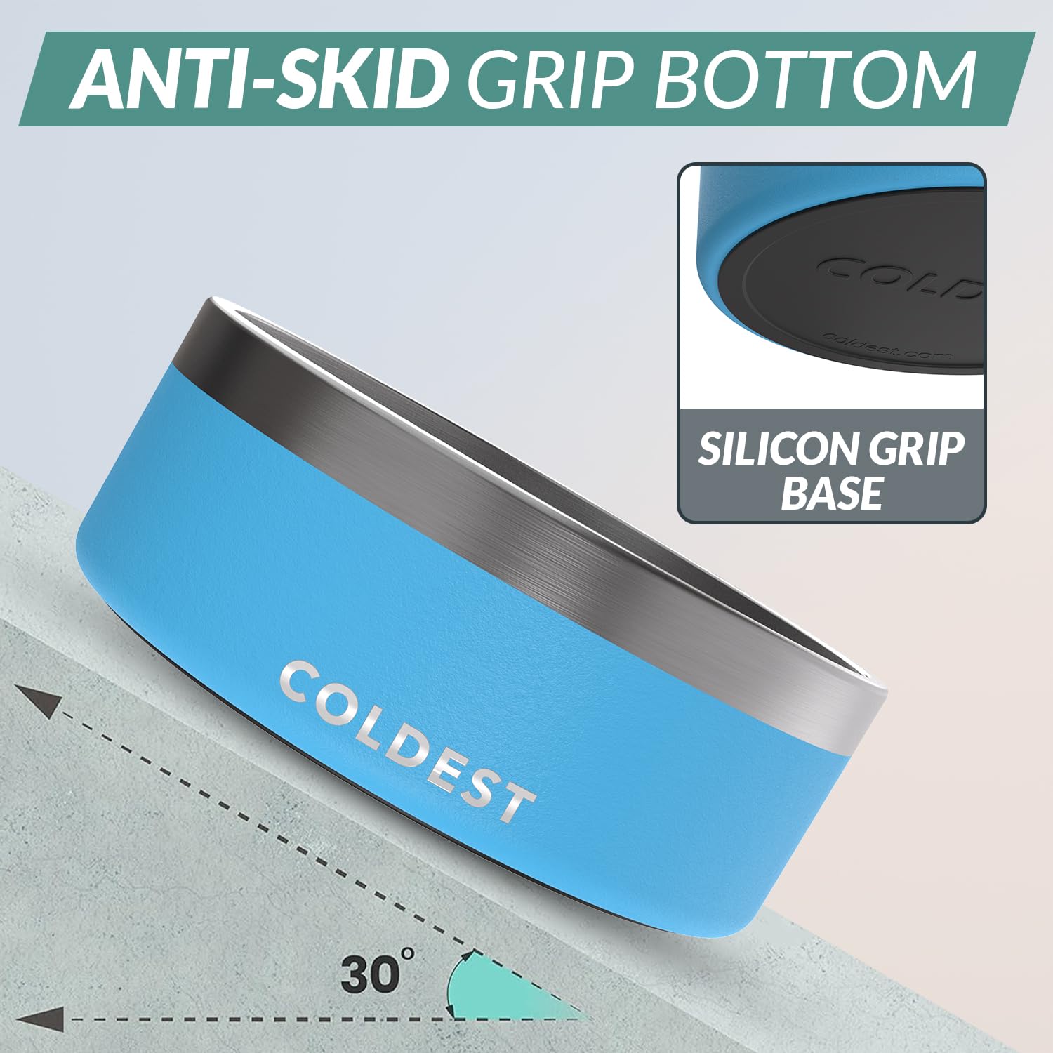 Coldest Water dog bowl with non-slip base prevents spills during meals.