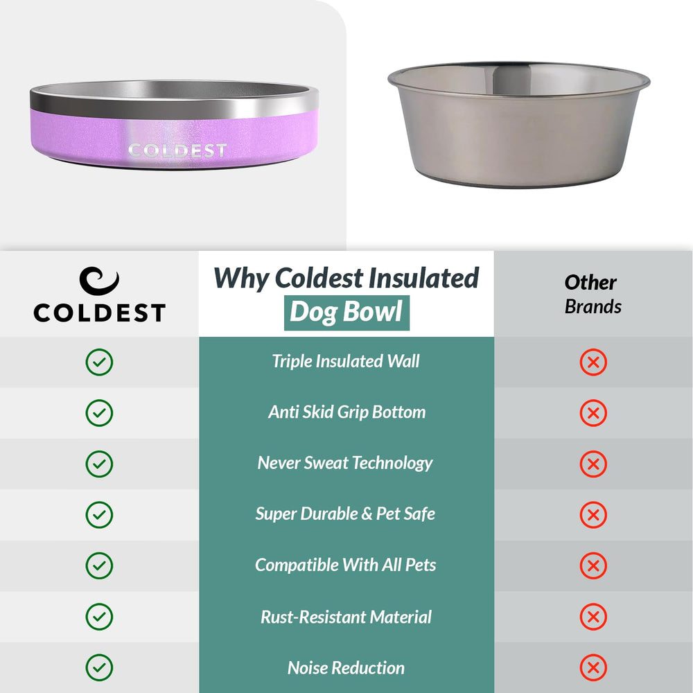 Coldest Dog Bowl in Saturn's Moon Purple Glitter adds stylish flair.