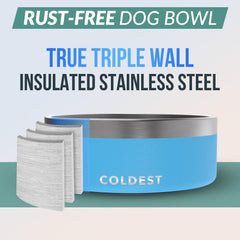 Coldest Water dog bowl with true triple-wall insulation keeps water cooler longer.