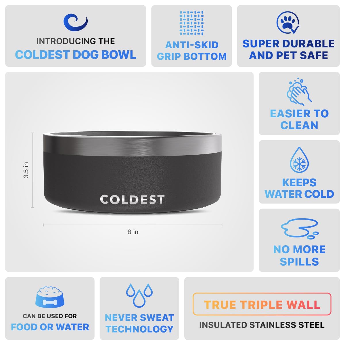 The Coldest Water dog bowl comes in 64 oz capacity and stealth black.
