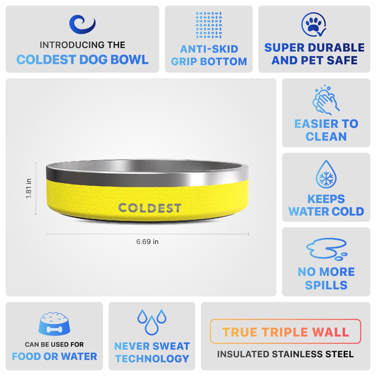 The Coldest Water dog bowl has a spill-proof design to keep the area tidy.