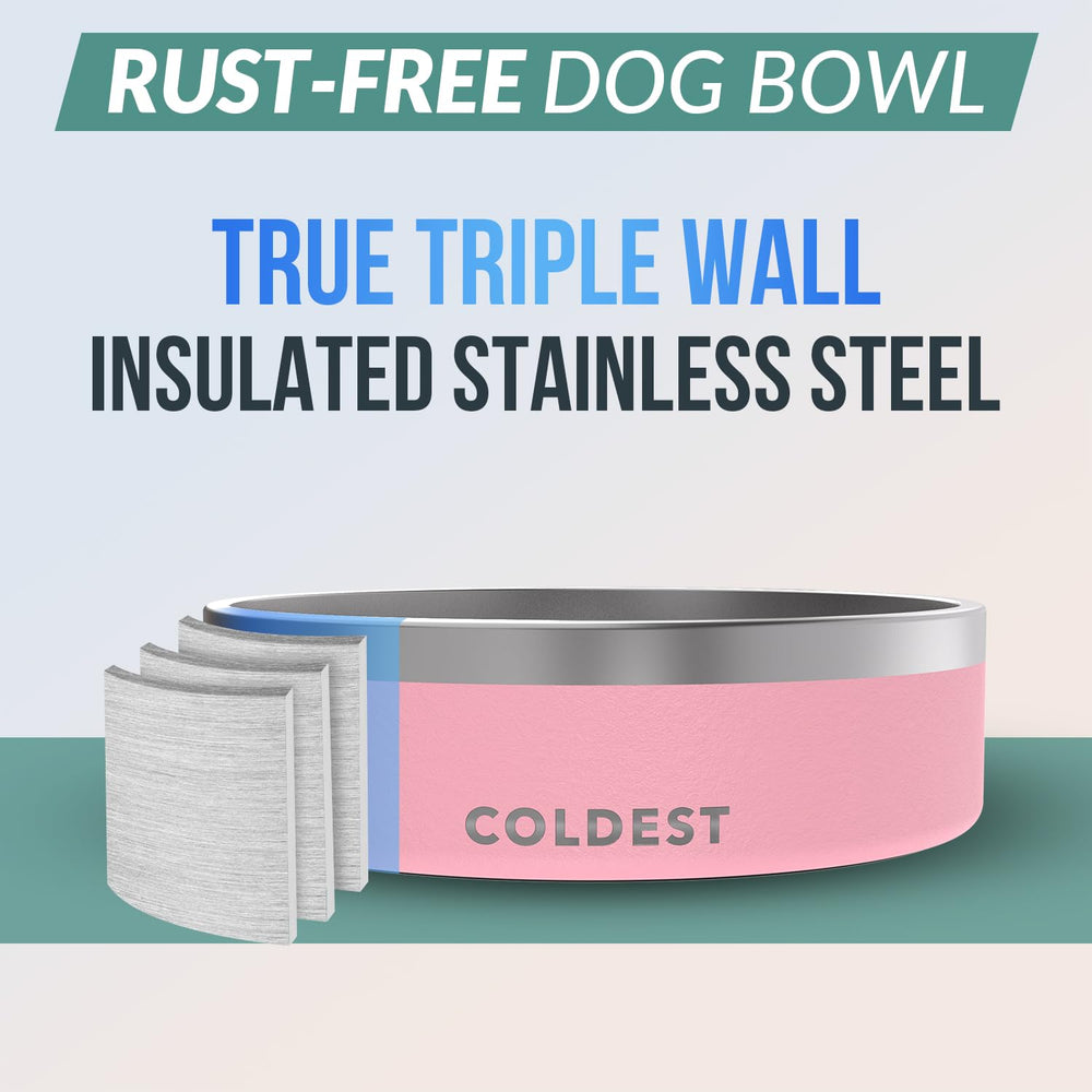 The Coldest Water dog bowl triple-wall insulation helps keep drinks cool.
