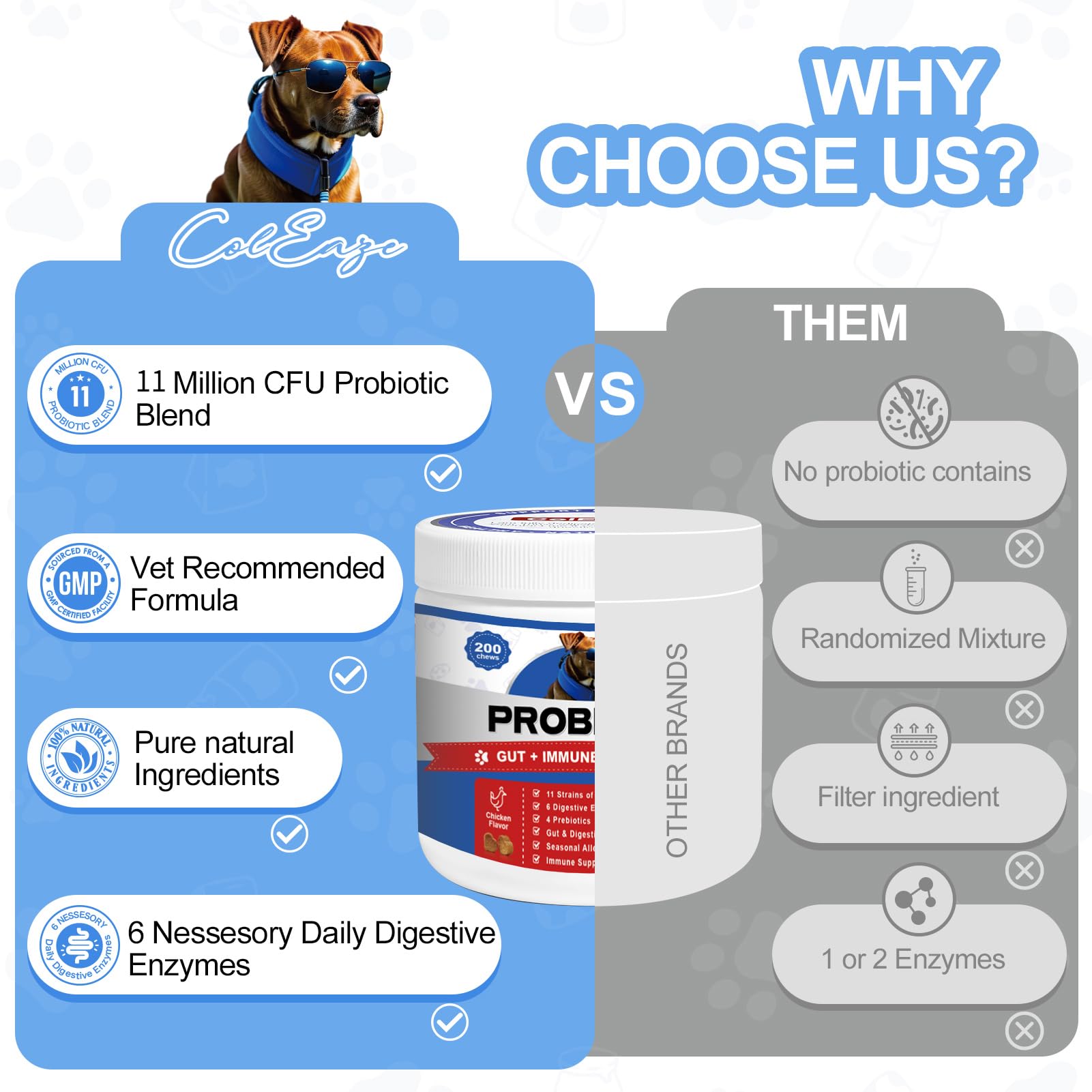 ColEaze probiotic label front highlighting enzymes, prebiotics, and colostrum.