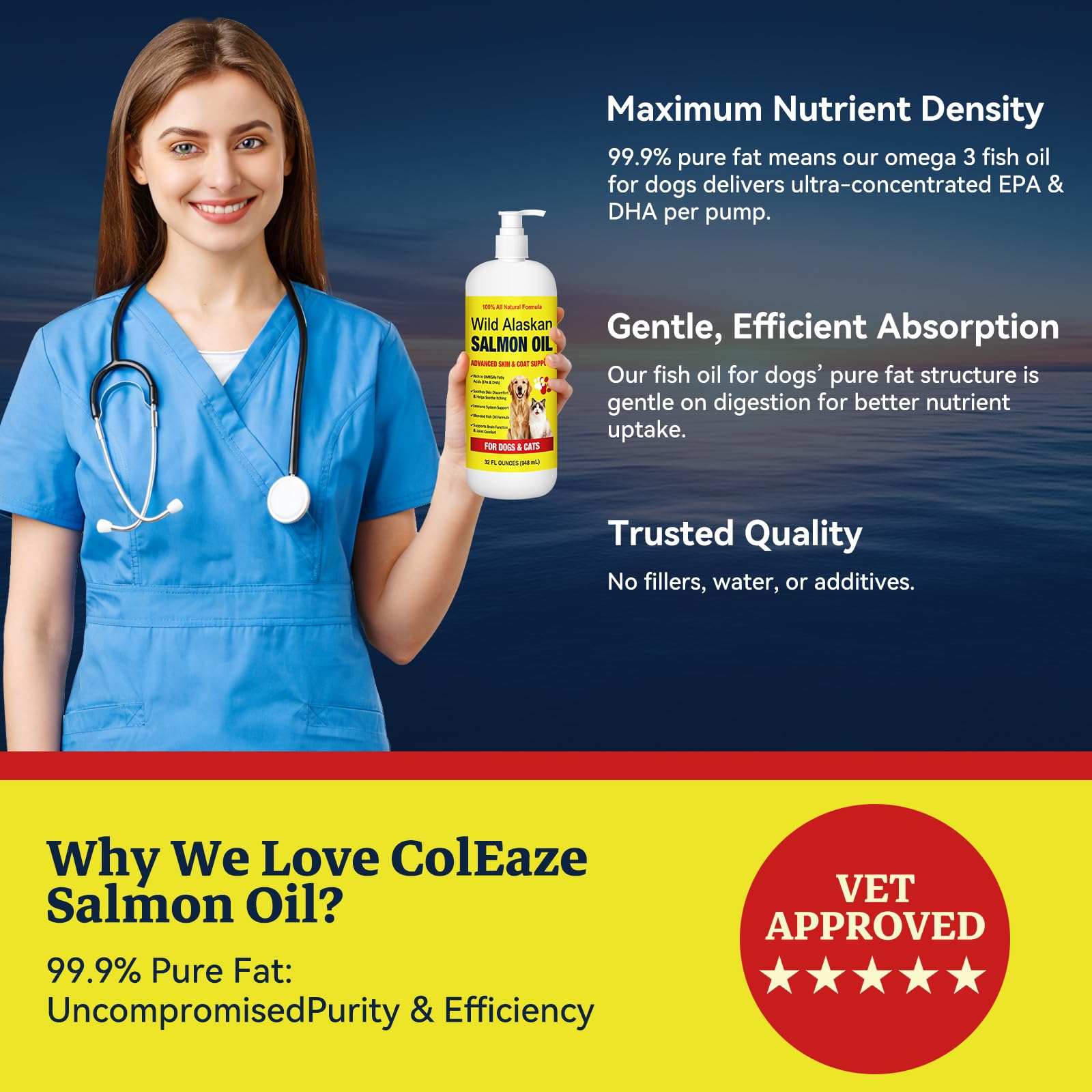 ColEaze Salmon Oil on dog meal top supporting skin and coat health